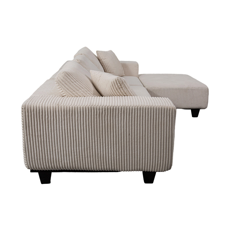 Sofa Sudut Besar Berbentuk L dengan Bahan Korduroi Off-White dengan Desain Minimalis Modern
