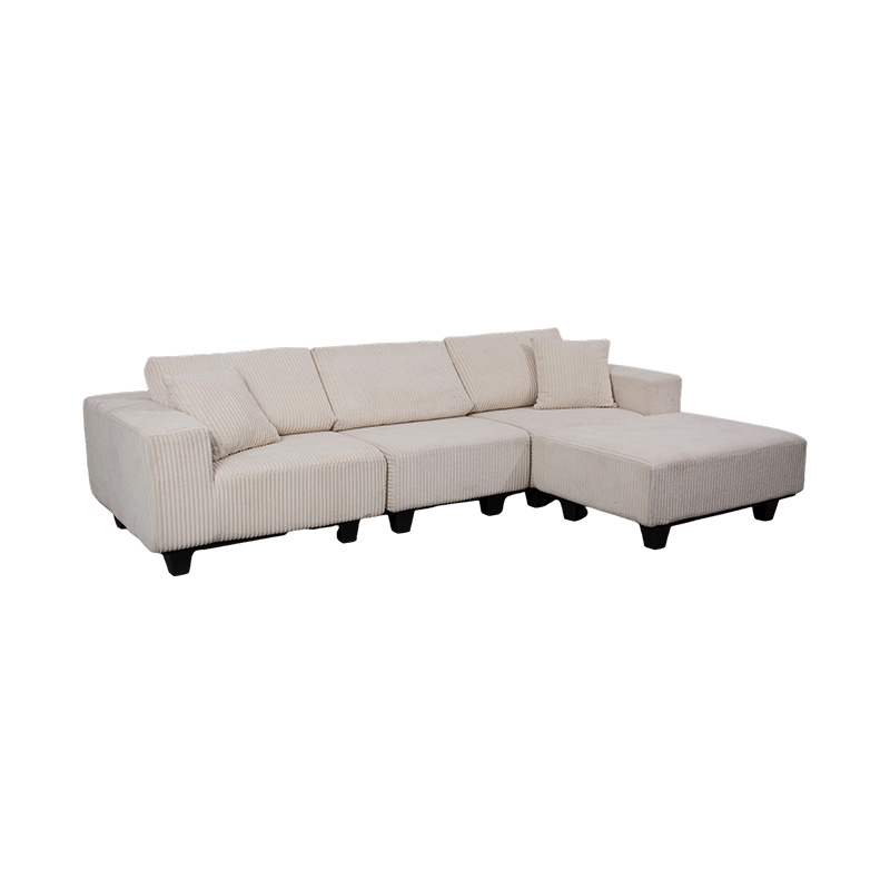 Sofa Sudut Besar Berbentuk L dengan Bahan Korduroi Off-White dengan Desain Minimalis Modern