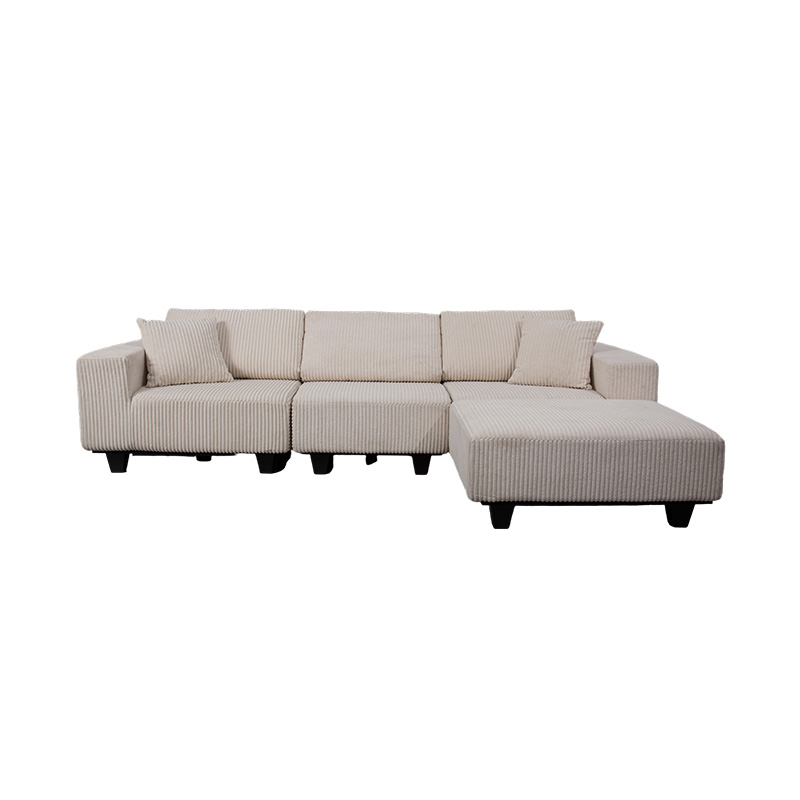 Sofa Sudut Besar Berbentuk L dengan Bahan Korduroi Off-White dengan Desain Minimalis Modern